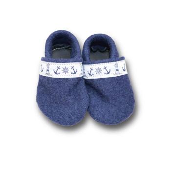 Walkloden-Puschen blau mit Webband Anker